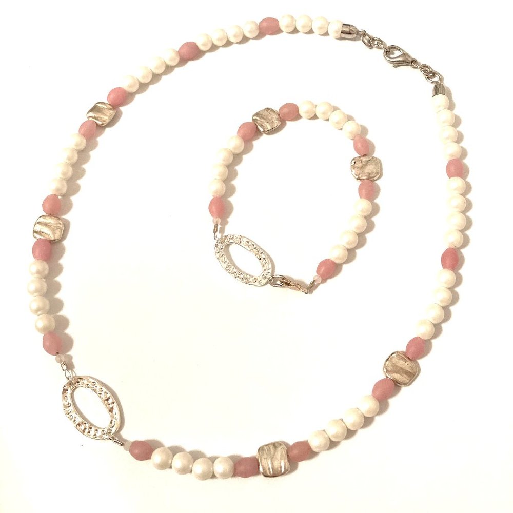 Pearls Necklace + Bracelet, Silver 925 Pink CUTE!!